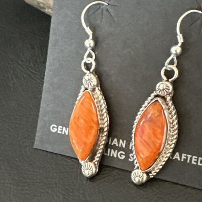 Navajo Orange Spiny Oyster Dangle Earrings | Sterling Silver | Authentic Native American Handmade | 17276
