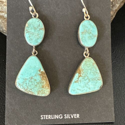 Navajo Blue Kingman Turquoise Dangle Earrings | Sterling Silver | Authentic Native American Handmade | 15124