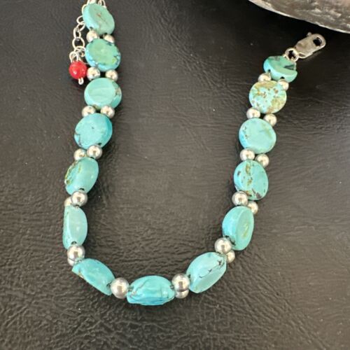 Women's Blue Turquoise Bead Bracelet | Southwestern Sterling Silver Link | 8" | 17233