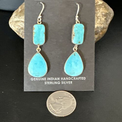 Navajo Blue Kingman Turquoise Dangle Earrings | Sterling Silver | Authentic Native American Handmade | 15123