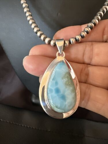 Navajo Blue Larimar Pendant Necklace | Sterling Silver Beads | Authentic Native American Handmade | 17565
