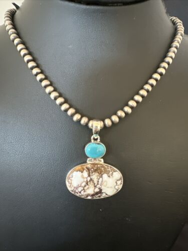Navajo Wild Horse | Blue Kingman Turquoise Necklace | Sterling Silver | Authentic Native American Handmade | 17309