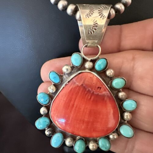 Navajo Blue Kingman Turquoise & Red Spiny Oyster Pendant | Sterling Silver | 17227