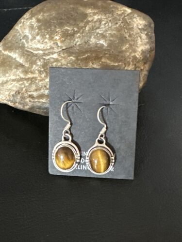 Navajo Coffee Tiger's Eye Dangle Earrings | Sterling Silver | Authentic Native American Handmade | 14920
