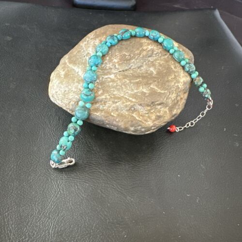 Navajo Blue Turquoise Bead Bracelet | Sterling Silver Link | 8" | Authentic Native American Handmade | 17230