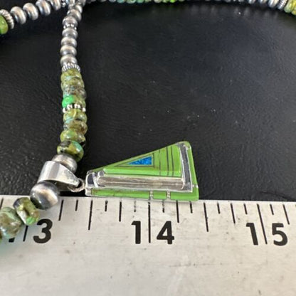 Navajo Green Gaspeite Turquoise Pendant Necklace | Sterling Silver | Native American Handmade | 15426