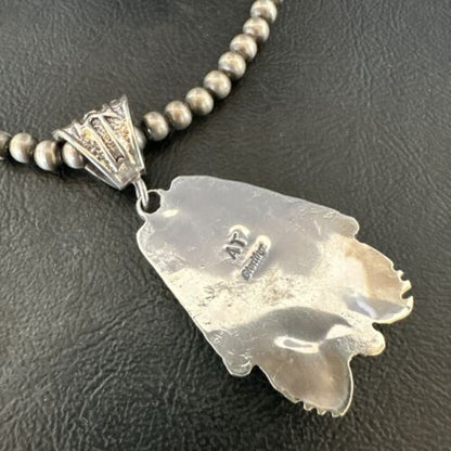 Navajo White Buffalo Turquoise Pendant Necklace | Sterling Silver | Authentic Native American Handmade | 17520