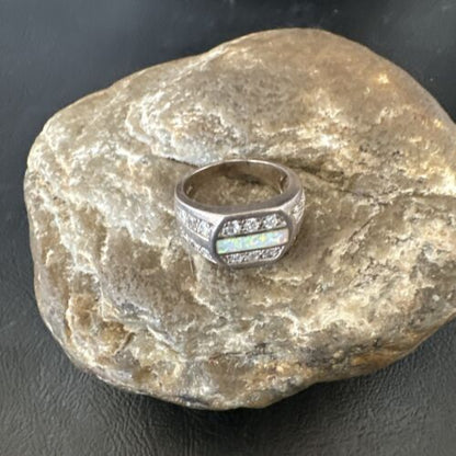 Navajo Cubic Zirconia Opal Inlay Ring | Sterling Silver | Sz 6.5 | Authentic Native American Handmade | 17156