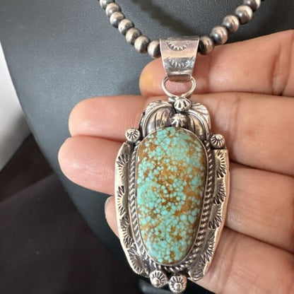 Navajo Blue Turquoise #8 Pendant | Sterling Silver Necklace with Pearls | Authentic Native American Handmade | 15904