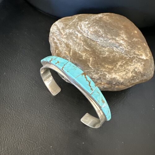 Navajo Men's Blue #8 Turquoise Inlay Bracelet | Sterling Silver | Authentic Native American Handmade | 15066