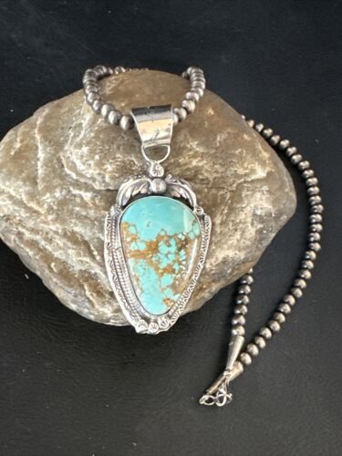 Navajo Pearls Sterling Silver Necklace with Blue Turquoise #8 Pendant | Authentic Native American Handmade | 14857