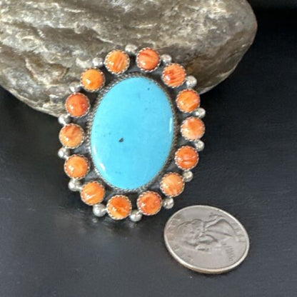 Navajo Women's Cluster Turquoise Spiny Oyster Ring | Authentic Native American Sterling Silver | Multi-Stone | Sz 12 | 16026 - Masha USA