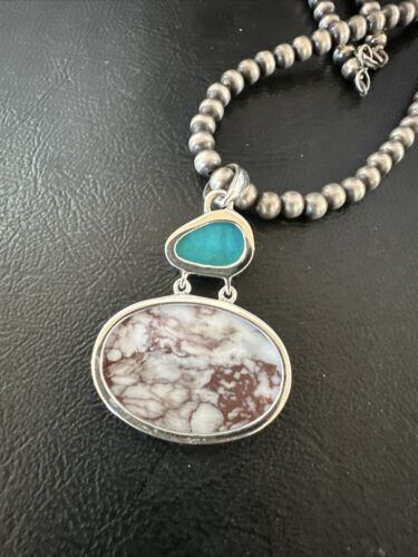 Navajo Wild Horse Blue Kingman Turquoise Necklace | Sterling Silver | Authentic Native American Handmade | 17308