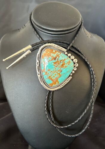 XL Men's Blue Turquoise #8 Bolo Tie | Navajo Sterling Silver | Authentic Native American Handmade | 17005