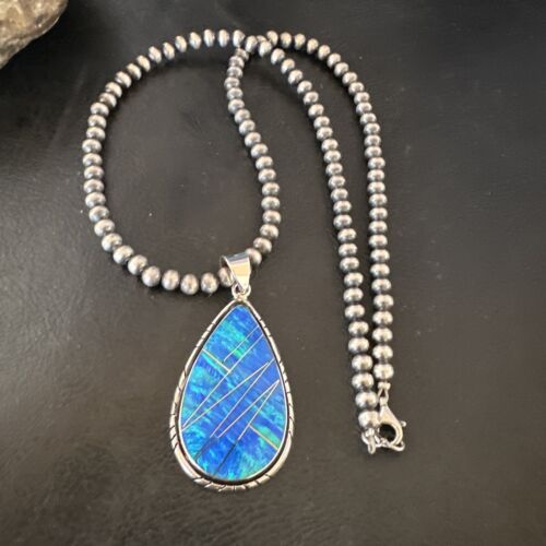 Men's and Women's Blue Fire Opal Inlay Pendant | Navajo Sterling Silver | Authentic Native American Handmade | 16481