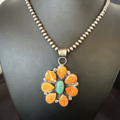 Navajo Blue Turquoise | Spiny Oyster Pendant Necklace | Sterling Silver | Multi-Stone | 16860
