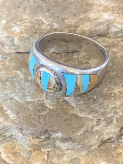 Navajo Coffee Picture Jasper Turquoise Inlay Ring | Sterling Silver | Sz 8.5 | 10982