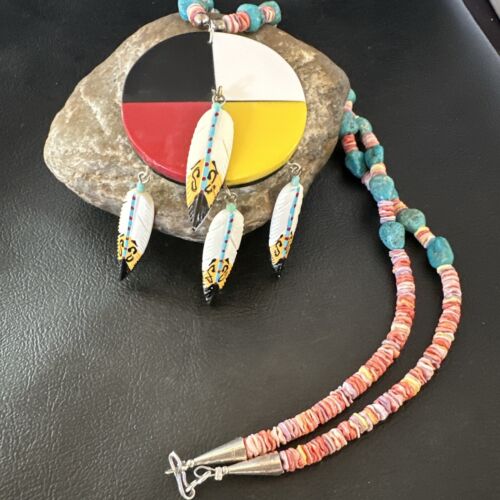Santo Domingo Multicolor Spiny Inlay Feather Pendant Necklace | Sterling Silver | 24" | 16856
