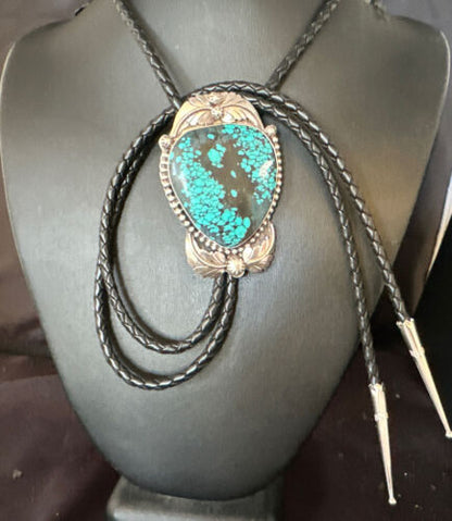 Men's Blue Spiderweb Turquoise Bolo Tie | Navajo Sterling Silver | Authentic Native American Handmade | 15012