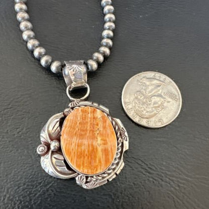 Navajo Orange Spiny Oyster Pendant Necklace | Sterling Silver Pearls | Authentic Native American Handmade | 16559