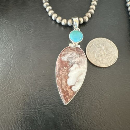 Navajo Wild Horse Blue Kingman Turquoise Necklace | Sterling Silver | Authentic Native American Handmade | 17314