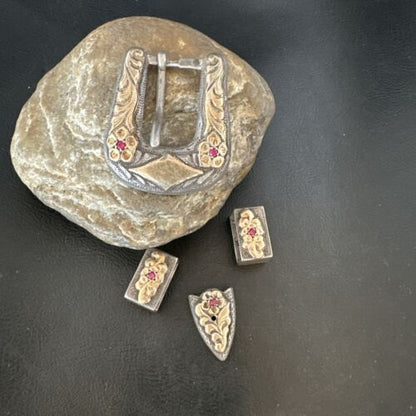 14k Gold Rubies Ranger Belt Buckle | Sterling Silver | Navajo Handmade | 16968