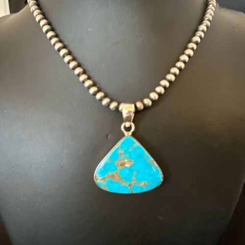 Navajo Blue Kingman Turquoise Pendant Necklace | Sterling Silver | 20" | Authentic Native American Handmade | 17002