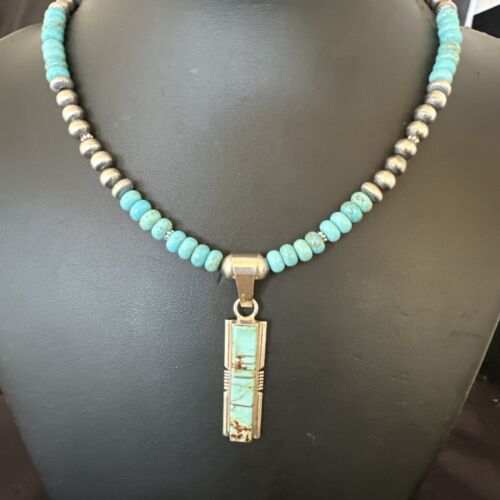 Men's and Women's Turquoise #8 Inlay Pendant Necklace | Navajo Sterling Silver | Authentic Native American Handmade | 17058
