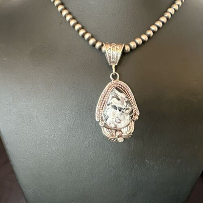 Navajo White Buffalo Turquoise Pendant Necklace | Sterling Silver | Authentic Native American Handmade | 17522