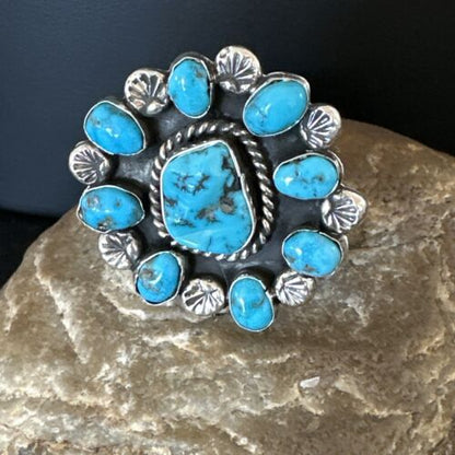 Navajo Blue Kingman Turquoise Cluster Ring | Authentic Native American Sterling Silver | Multi-Stone | Sz 10.5 | 17423