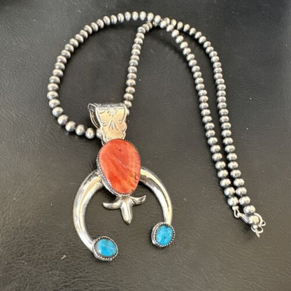 Navajo Blue Turquoise Red Spiny Oyster Naja Pendant | Sterling Silver | Authentic Native American Handmade | 16405