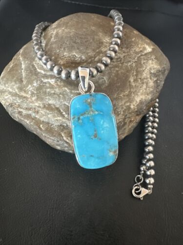 Blue Kingman Turquoise Pendant | Navajo Pearls | Sterling Silver Necklace 20" | 16696