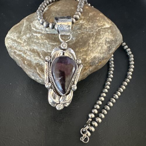 Navajo Purple Sugilite Pendant with Pearls | Sterling Silver Bead Necklace | Authentic Native American Handmade | 15413