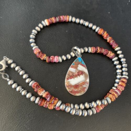 Navajo Pearls Turquoise & Spiny Oyster Pendant Necklace | Sterling Silver | 20" | Authentic Native American Handmade | 13872