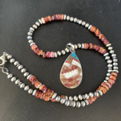 Navajo Pearls Turquoise & Spiny Oyster Pendant Necklace | Sterling Silver | 20" | Authentic Native American Handmade | 13872