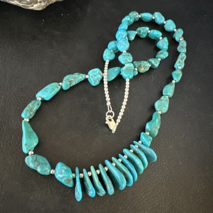 Navajo Blue Kingman Nugget Turquoise Necklace | Sterling Silver | 22" | Authentic Native American Handmade | 15534