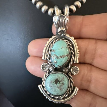 Navajo Blue Kingman Turquoise 2 Stone Cluster Pendant | Sterling Silver | Authentic Native American Handmade | 17634