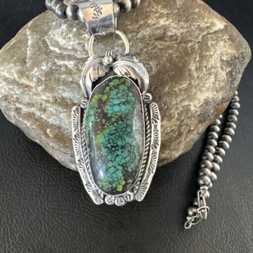 Navajo Blue Spiderweb Turquoise Pendant Necklace | Sterling Silver Pearls | Authentic Native American Handmade | 15094