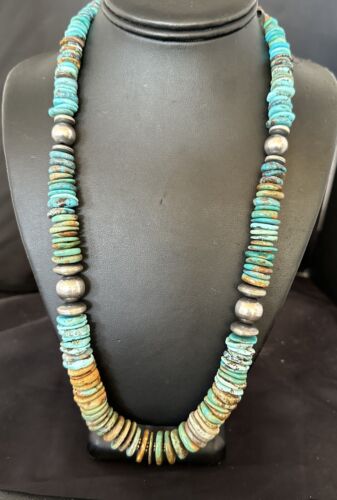 Navajo Blue Green Turquoise Necklace | Sterling Silver | Authentic Native American | 25" | 17054