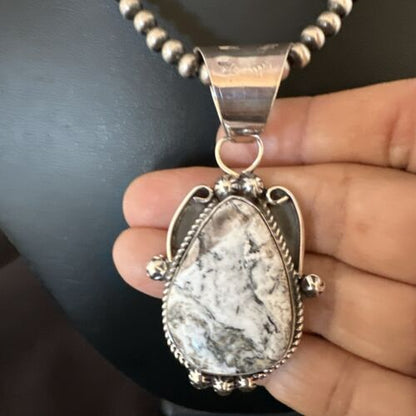 Navajo White Buffalo Turquoise Pendant | Pearl Sterling Silver Necklace | Authentic Native American Handmade | 17043