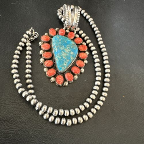 Navajo Turquoise Spiny Oyster Cluster Pendant Necklace | Sterling Silver | Native American Handmade | 17151 - Masha USA