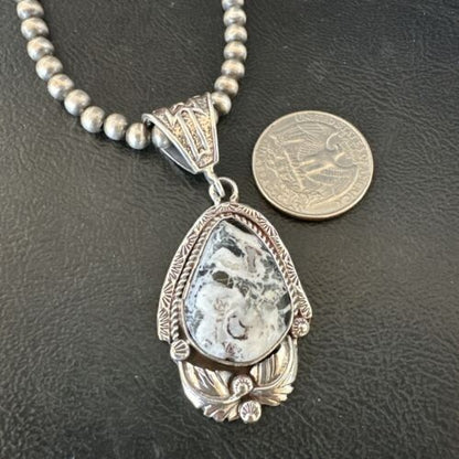 Navajo White Buffalo Turquoise Pendant Necklace | Sterling Silver | Authentic Native American Handmade | 17522