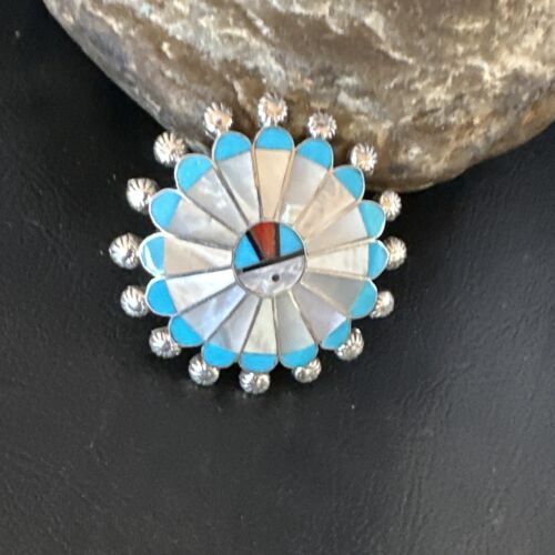 Sunface Zuni Inlay Turquoise Mother of Pearl Pin Pendant | Sterling Silver | Authentic Native American Handmade | 15176
