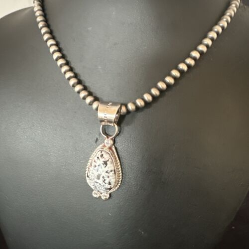 Men's White Buffalo Turquoise Pendant | Navajo Pearls Sterling Silver Necklace 21" | 17333