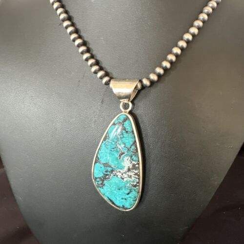 Men's Navajo Blue Spiderweb Turquoise Pendant Necklace | Sterling Silver | Authentic Native American Handmade | 16206