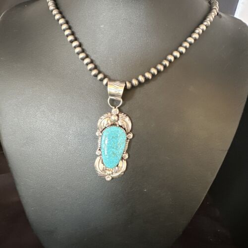 Navajo Kingman Turquoise Pendant Necklace | Sterling Silver Pearls | Authentic Native American Handmade | 15217
