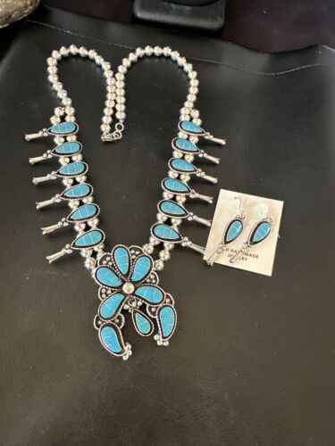 Zuni Kingman Turquoise Inlay Squash Blossom Necklace & Earrings | Sterling Silver | 16544