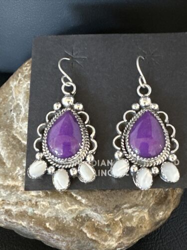 Navajo Purple Sugilite White Mother of Pearl Earrings | Sterling Silver | 1" | Authentic Native American Handmade | 15334