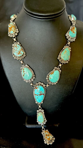Navajo Blue Turquoise Lariat Necklace | Sterling Silver | 30" | Native American Handmade | 16488