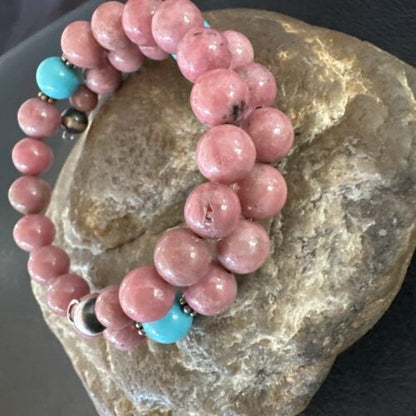 Navajo Pink Rhodochrosite Turquoise Bracelet | Stainless Steel Memory Wire | Authentic Native American Handmade | 17626 - Masha USA